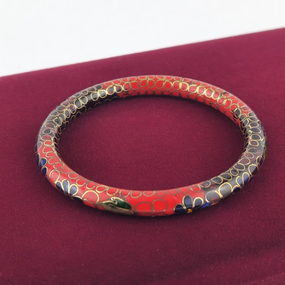 Vintage Red Cloisonné Floral Enamel Bangle Bracelet READ